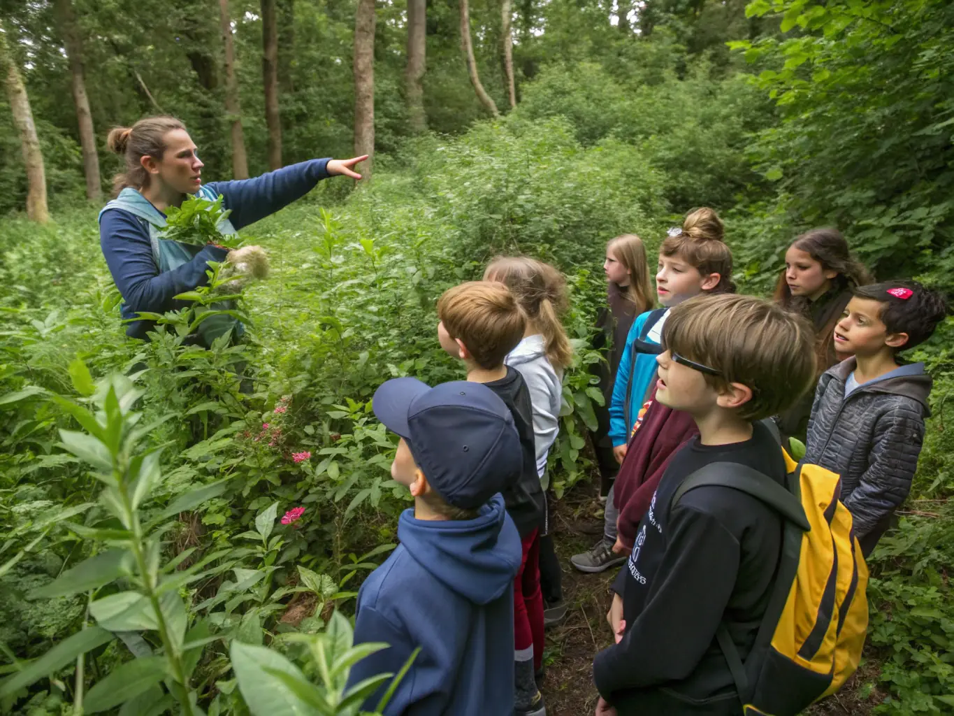 A photograph of children participating in an environmental education workshop, learning about local flora and fauna.