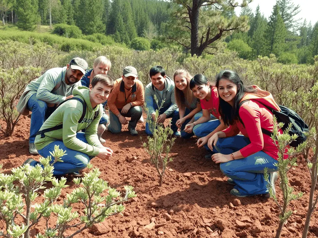 A vibrant image of volunteers planting native trees in a lush natural reserve, symbolizing active conservation efforts.