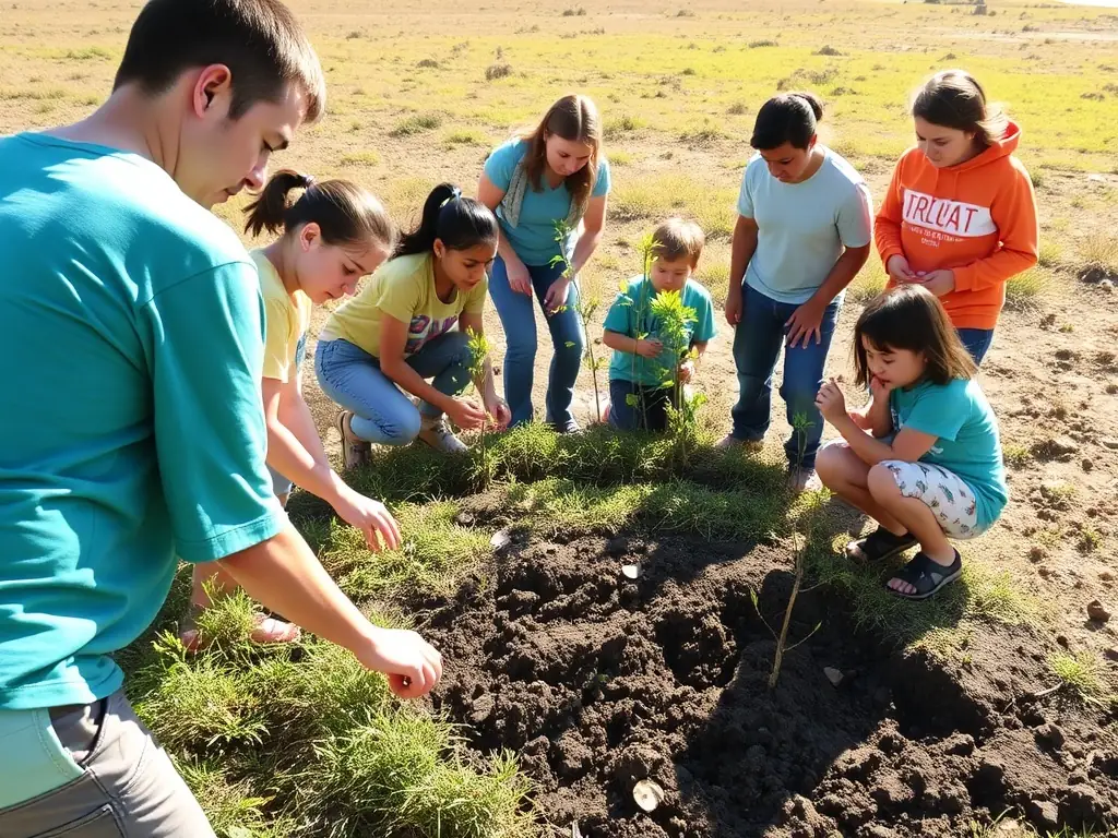 A group of volunteers planting trees in a deforested area, symbolizing habitat restoration efforts by AICA LA SOURCE DE LA GARTEMPE.