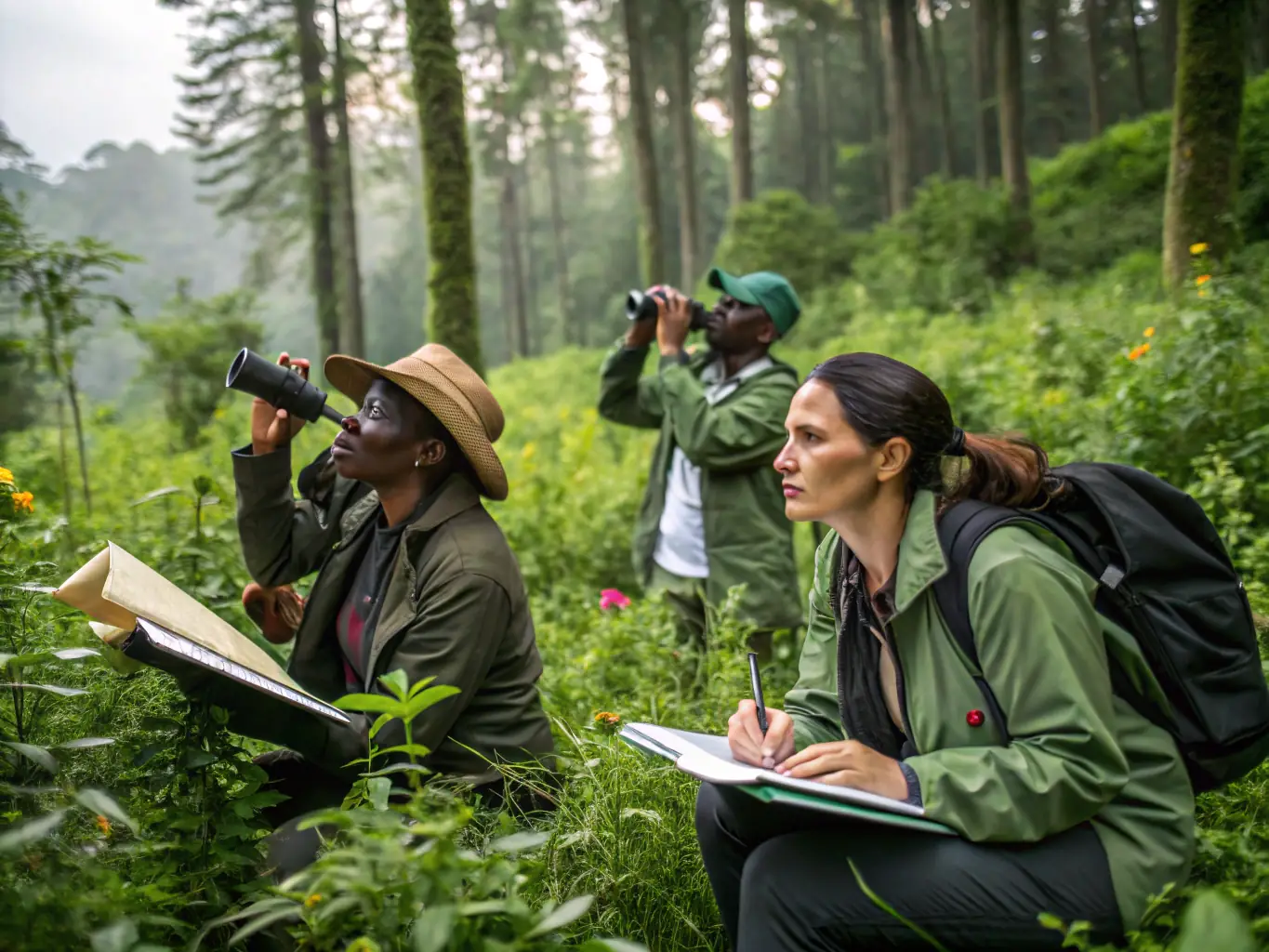 A scenic view of a group monitoring local wildlife in their natural habitat, contributing to species conservation efforts.