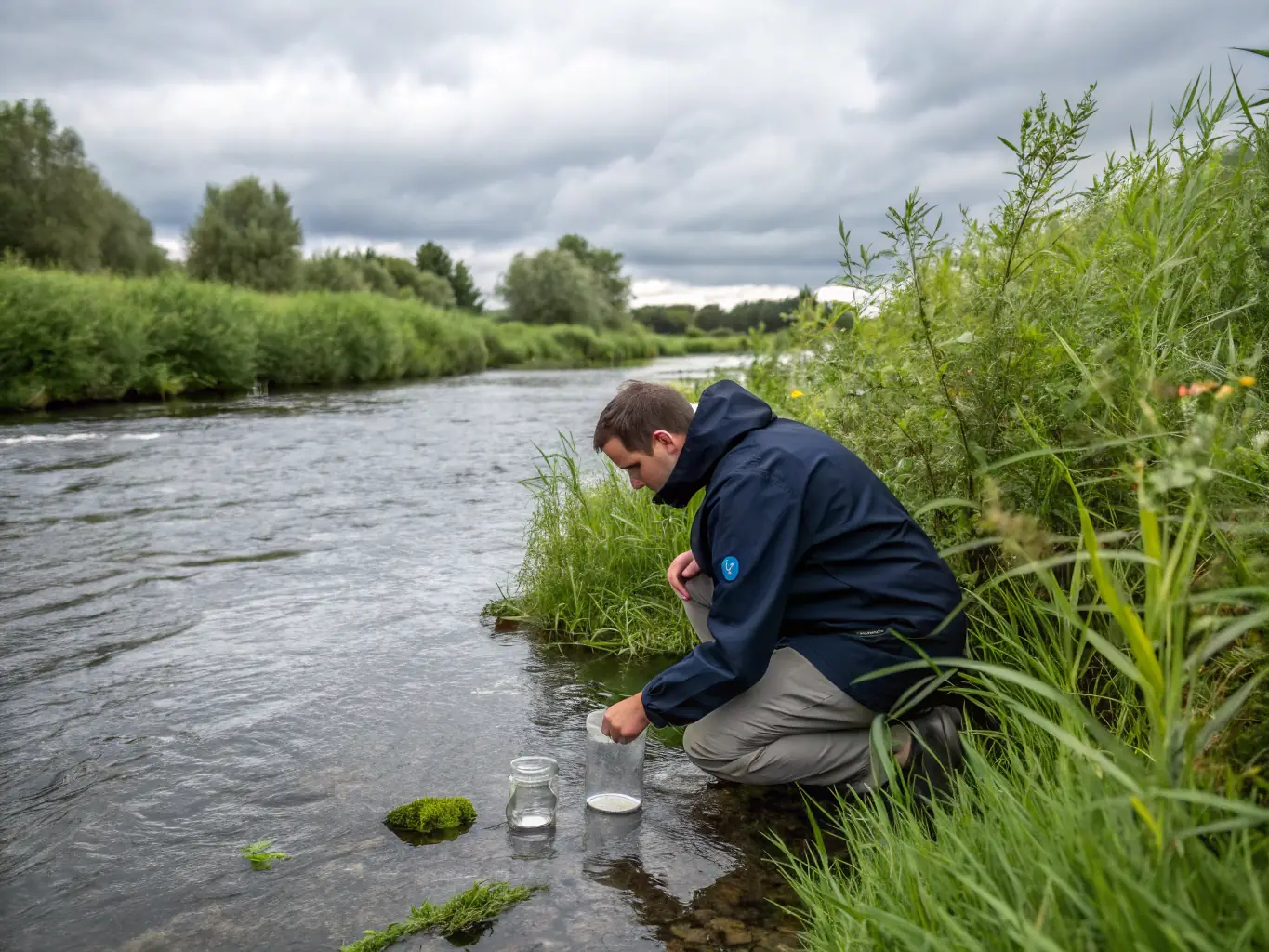 A scientist monitoring water quality in a local river, representing the association's commitment to protecting water resources.