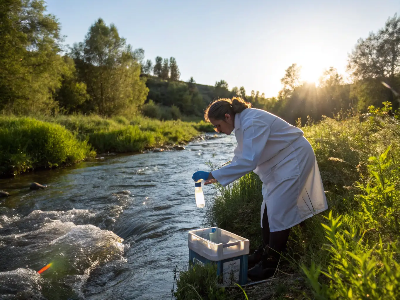 A group of people conducting a water quality test in a river, illustrating the scientific monitoring and research activities undertaken by AICA LA SOURCE DE LA GARTEMPE.